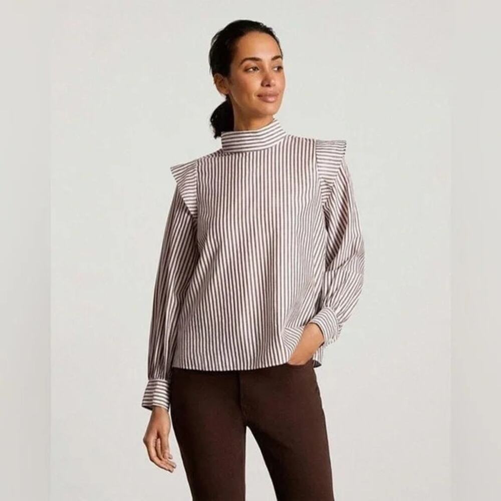 Everlane The Wing Shoulder Mockneck Prairie Cottage Brown Stripe Blouse NWT 4